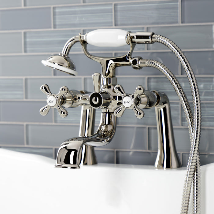 Kingston Heirloom KS228PN - Kingston Three-Handle 2-Hole Deck-Mount Clawfoot Tub Faucet with Hand Shower, Polished Nickel