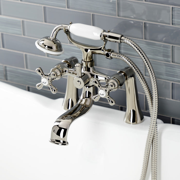 Kingston Heirloom KS228PN - Kingston Three-Handle 2-Hole Deck-Mount Clawfoot Tub Faucet with Hand Shower, Polished Nickel
