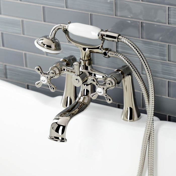 Kingston KS228PN Three-Handle 2-Hole Deck Mount Clawfoot Tub Faucet with Handshower, Polished Nickel