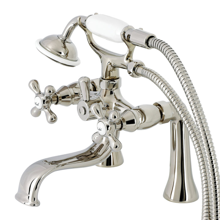 Kingston Heirloom KS228PN - Kingston Three-Handle 2-Hole Deck-Mount Clawfoot Tub Faucet with Hand Shower, Polished Nickel
