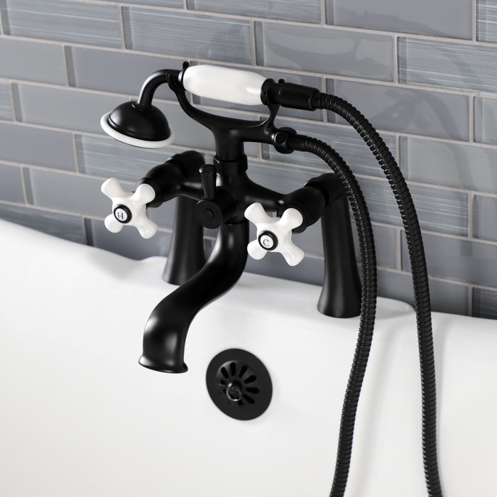 Kingston KS228PXMB Three-Handle 2-Hole Deck Mount Clawfoot Tub Faucet with Hand Shower, Matte Black