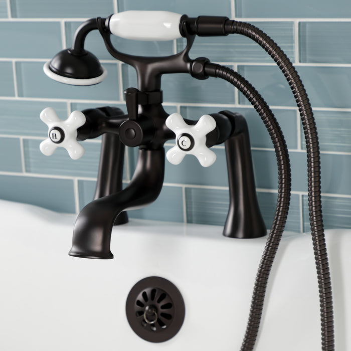 Kingston Heirloom KS228PXORB - Kingston Three-Handle 2-Hole Deck-Mount Clawfoot Tub Faucet with Hand Shower, Oil Rubbed Bronze