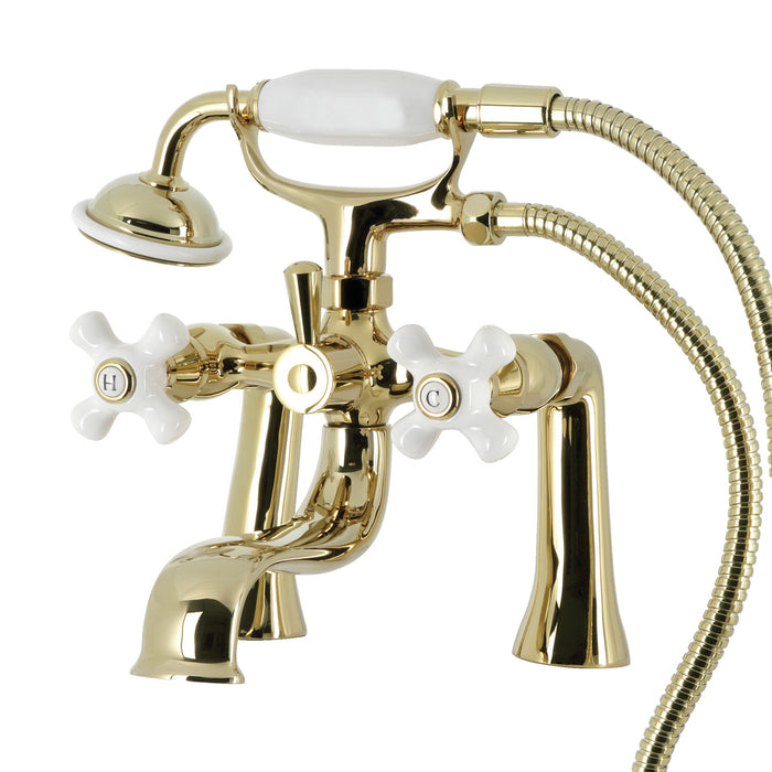 Kingston KS228PXPB Three-Handle 2-Hole Deck Mount Clawfoot Tub Faucet with Hand Shower, Polished Brass