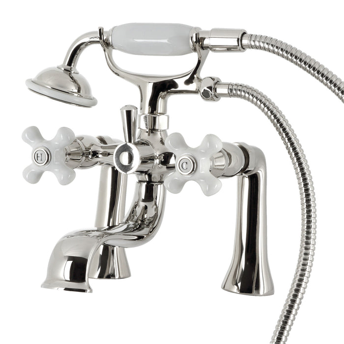 Kingston KS228PXPN Three-Handle 2-Hole Deck Mount Clawfoot Tub Faucet with Hand Shower, Polished Nickel