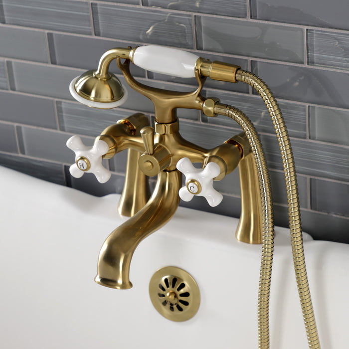 Kingston KS228PXSB Three-Handle 2-Hole Deck Mount Clawfoot Tub Faucet with Hand Shower, Brushed Brass