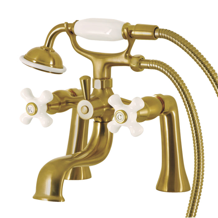 Kingston KS228PXSB Three-Handle 2-Hole Deck Mount Clawfoot Tub Faucet with Hand Shower, Brushed Brass