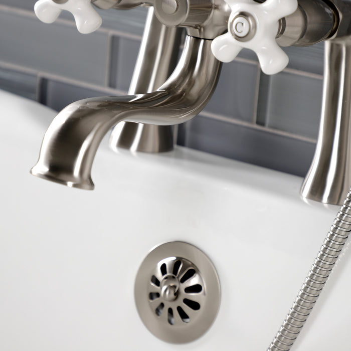Kingston Heirloom KS228PXSN - Kingston Three-Handle 2-Hole Deck-Mount Clawfoot Tub Faucet with Hand Shower, Brushed Nickel