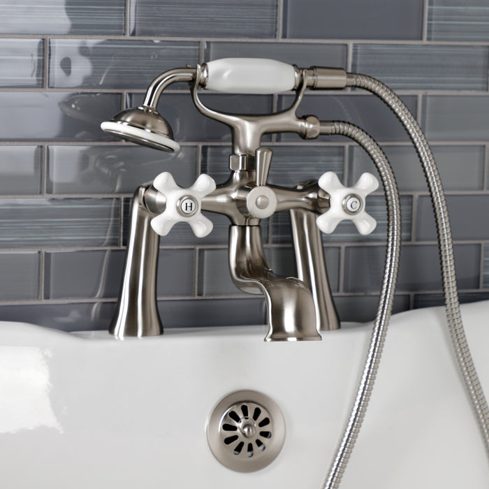 Kingston KS228PXSN Three-Handle 2-Hole Deck Mount Clawfoot Tub Faucet with Hand Shower, Brushed Nickel
