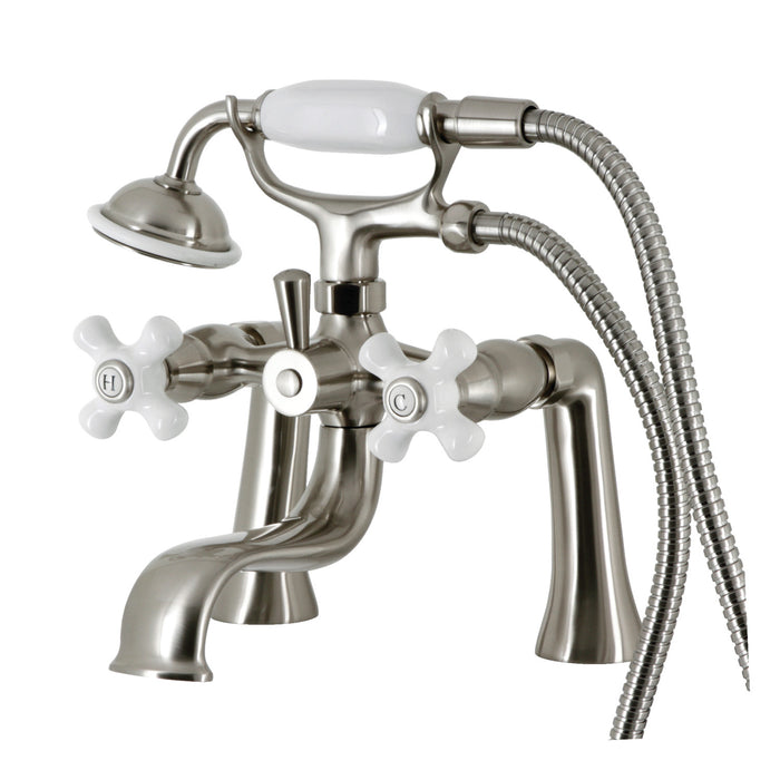 Kingston Heirloom KS228PXSN - Kingston Three-Handle 2-Hole Deck-Mount Clawfoot Tub Faucet with Hand Shower, Brushed Nickel
