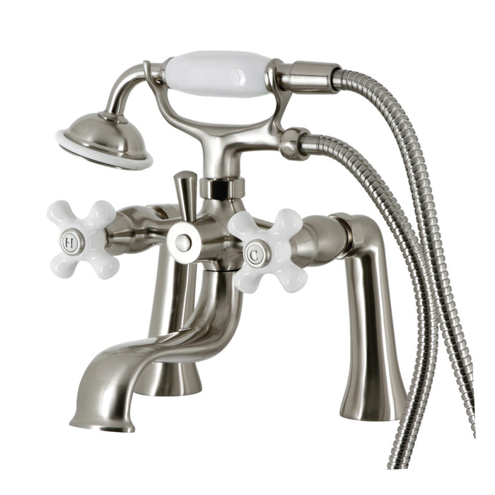 Kingston KS228PXSN Three-Handle 2-Hole Deck Mount Clawfoot Tub Faucet with Hand Shower, Brushed Nickel