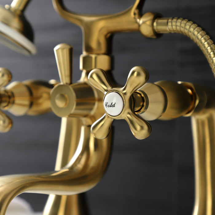 Kingston Heirloom KS228SB - Kingston Three-Handle 2-Hole Deck-Mount Clawfoot Tub Faucet with Hand Shower, Brushed Brass