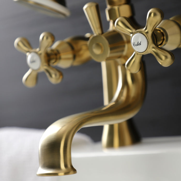 Kingston KS228SB Three-Handle 2-Hole Deck Mount Clawfoot Tub Faucet with Handshower, Brushed Brass