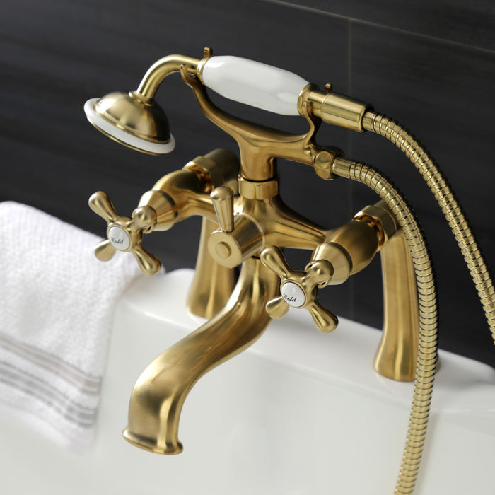 Kingston Heirloom KS228SB - Kingston Three-Handle 2-Hole Deck-Mount Clawfoot Tub Faucet with Hand Shower, Brushed Brass