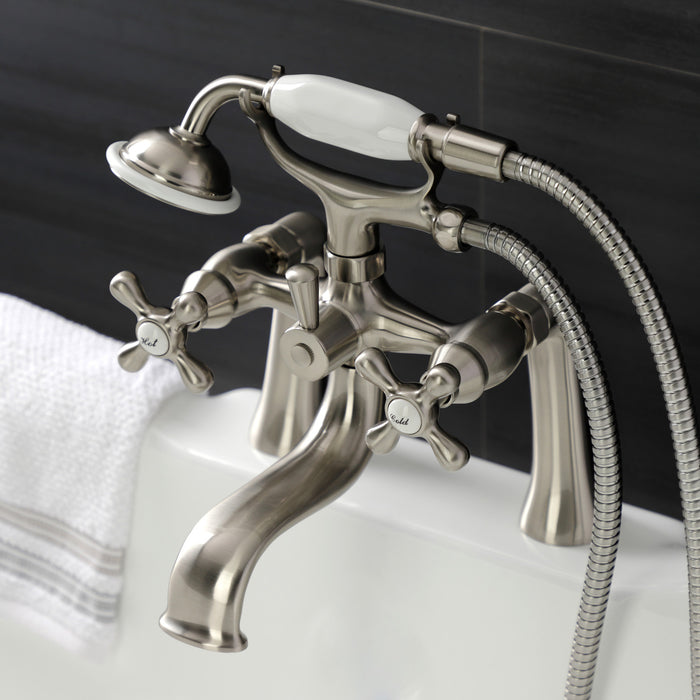 Kingston KS228SN Three-Handle 2-Hole Deck Mount Clawfoot Tub Faucet with Handshower, Brushed Nickel