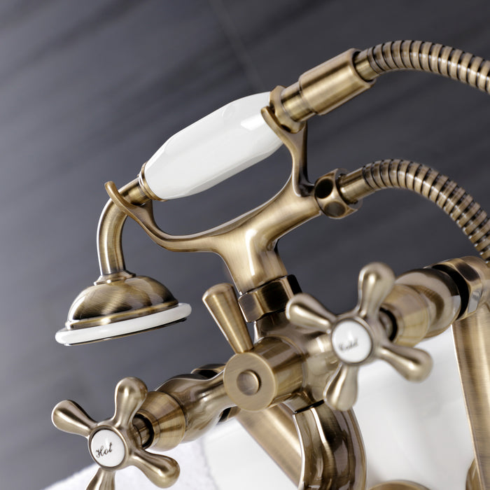 Kingston KS229AB Three-Handle 2-Hole Tub Wall Mount Clawfoot Tub Faucet with Handshower, Antique Brass