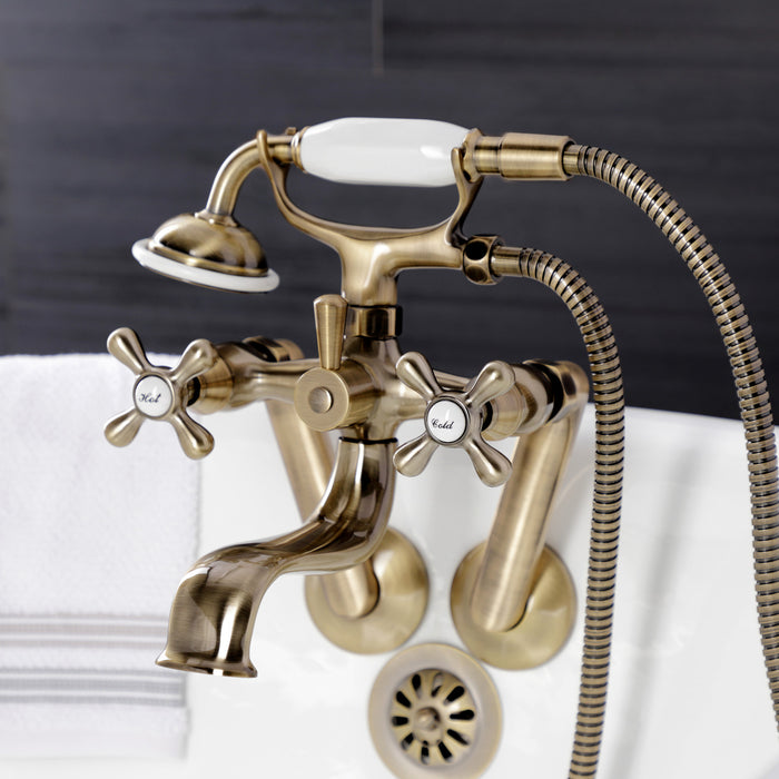 Kingston KS229AB Three-Handle 2-Hole Tub Wall Mount Clawfoot Tub Faucet with Handshower, Antique Brass