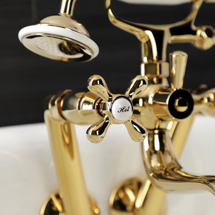 Kingston Heirloom KS229PB - Kingston Three-Handle 2-Hole Tub Wall Mount Clawfoot Tub Faucet with Handshower, Polished Brass