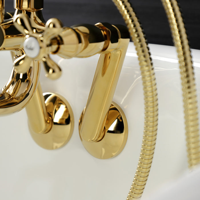 Kingston Heirloom KS229PB - Kingston Three-Handle 2-Hole Tub Wall Mount Clawfoot Tub Faucet with Handshower, Polished Brass