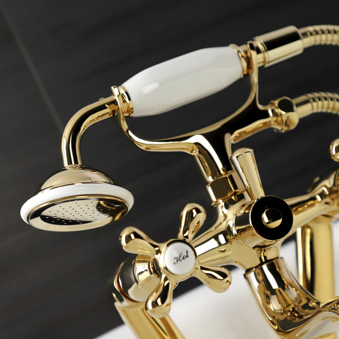 Kingston Heirloom KS229PB - Kingston Three-Handle 2-Hole Tub Wall Mount Clawfoot Tub Faucet with Handshower, Polished Brass