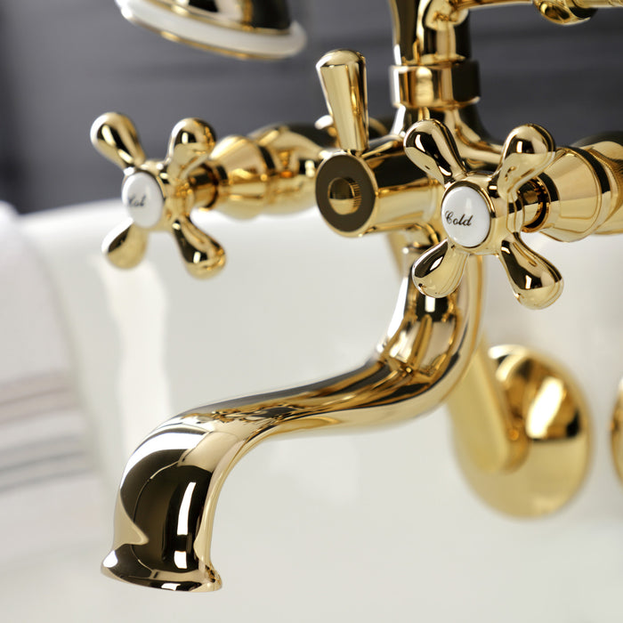 Kingston Heirloom KS229PB - Kingston Three-Handle 2-Hole Tub Wall Mount Clawfoot Tub Faucet with Handshower, Polished Brass