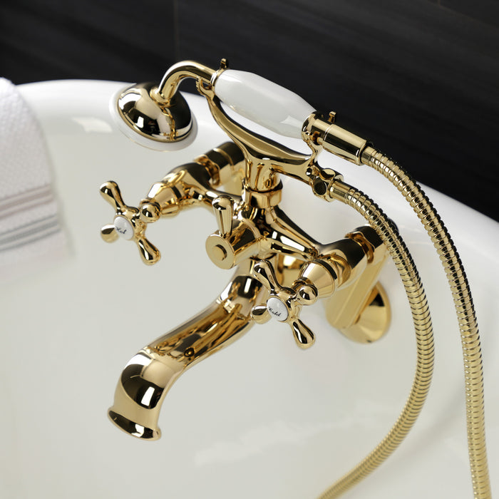 Kingston Heirloom KS229PB - Kingston Three-Handle 2-Hole Tub Wall Mount Clawfoot Tub Faucet with Handshower, Polished Brass