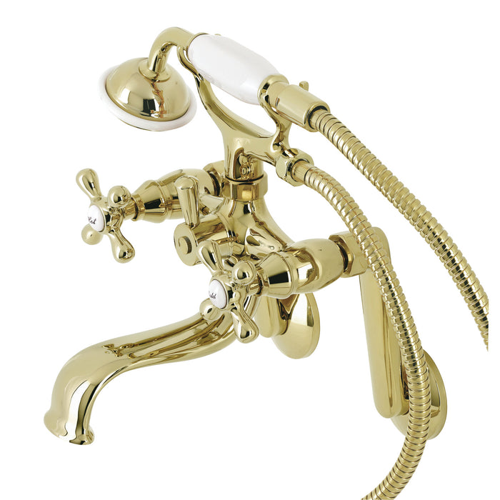 Kingston Heirloom KS229PB - Kingston Three-Handle 2-Hole Tub Wall Mount Clawfoot Tub Faucet with Handshower, Polished Brass