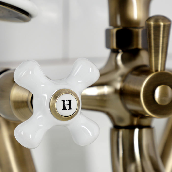 Kingston Heirloom KS229PXAB - Kingston Three-Handle 2-Hole Tub Wall Mount Clawfoot Tub Faucet with Hand Shower, Antique Brass