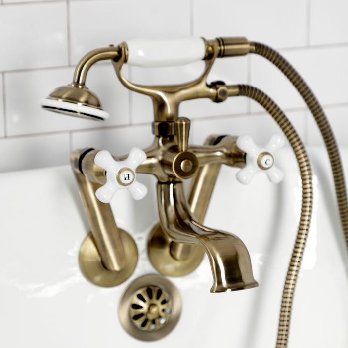 Kingston KS229PXAB Three-Handle 2-Hole Tub Wall Mount Clawfoot Tub Faucet with Hand Shower, Antique Brass