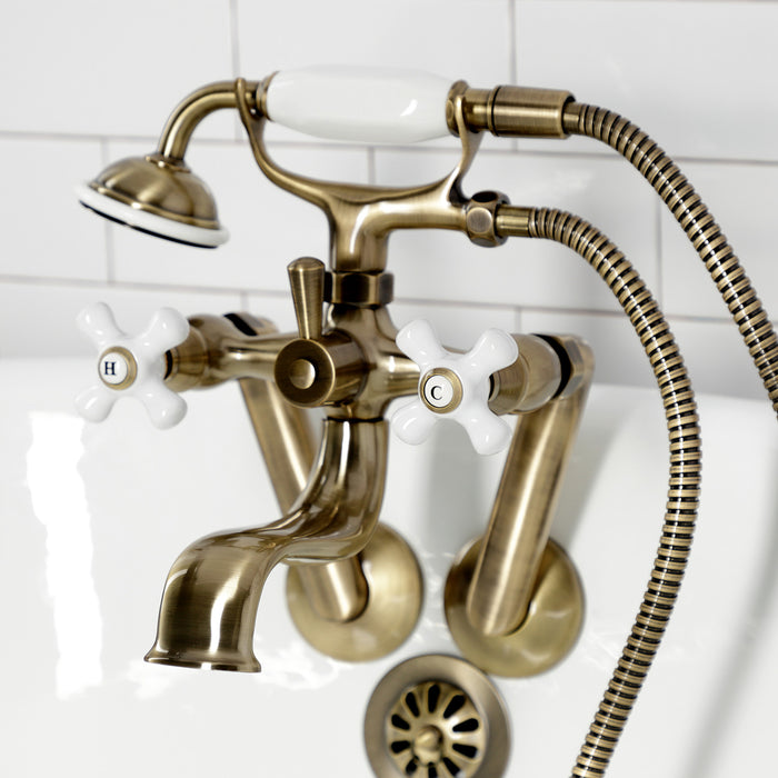 Kingston KS229PXAB Three-Handle 2-Hole Tub Wall Mount Clawfoot Tub Faucet with Hand Shower, Antique Brass