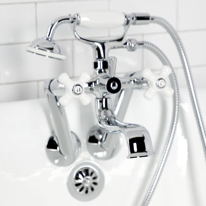 Kingston KS229PXC Three-Handle 2-Hole Tub Wall Mount Clawfoot Tub Faucet with Hand Shower, Polished Chrome
