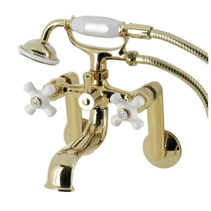 Kingston KS229PXPB Three-Handle 2-Hole Tub Wall Mount Clawfoot Tub Faucet with Hand Shower, Polished Brass