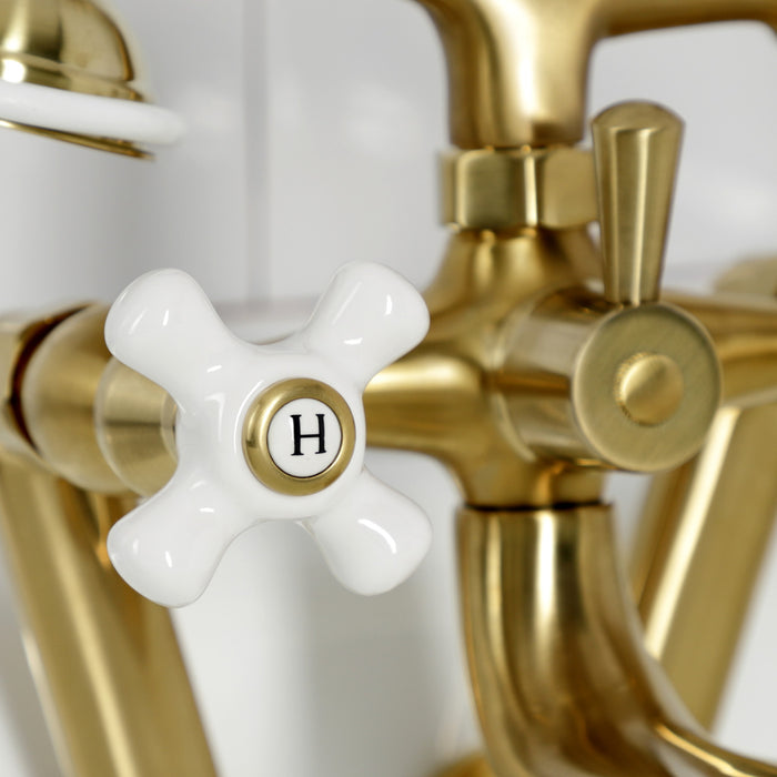 Kingston KS229PXSB Three-Handle 2-Hole Tub Wall Mount Clawfoot Tub Faucet with Hand Shower, Brushed Brass