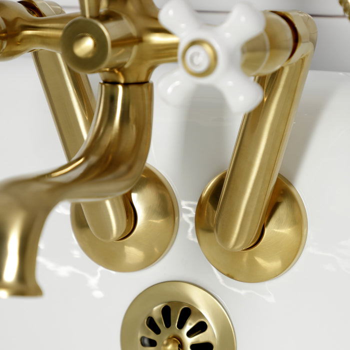 Kingston KS229PXSB Three-Handle 2-Hole Tub Wall Mount Clawfoot Tub Faucet with Hand Shower, Brushed Brass