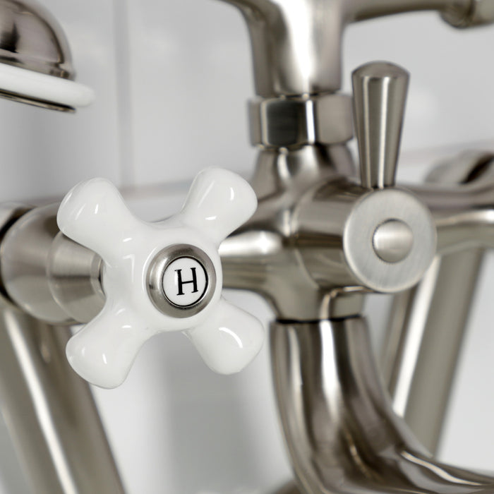 Kingston Heirloom KS229PXSN - Kingston Three-Handle 2-Hole Tub Wall Mount Clawfoot Tub Faucet with Hand Shower, Brushed Nickel