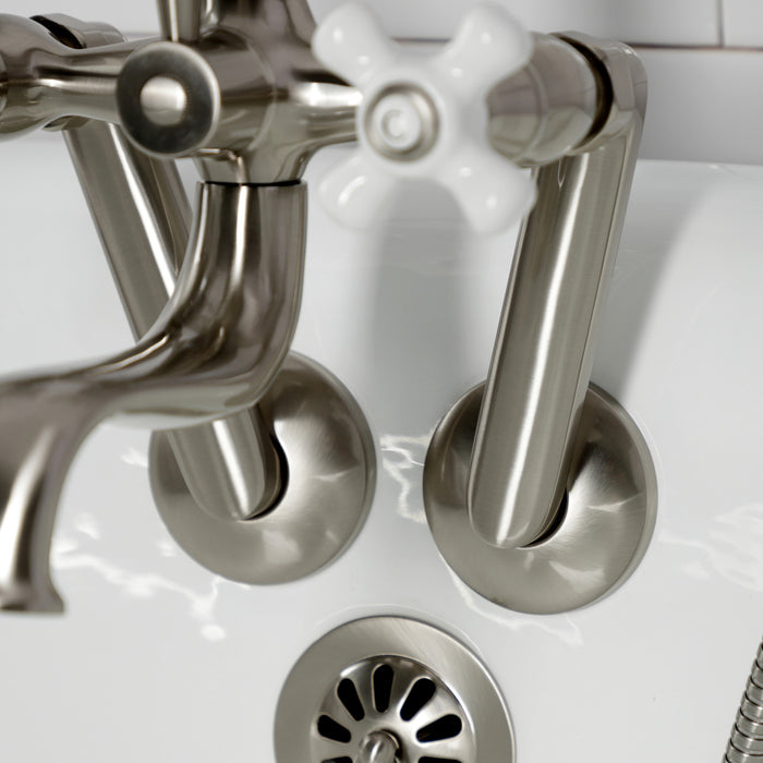 Kingston Heirloom KS229PXSN - Kingston Three-Handle 2-Hole Tub Wall Mount Clawfoot Tub Faucet with Hand Shower, Brushed Nickel