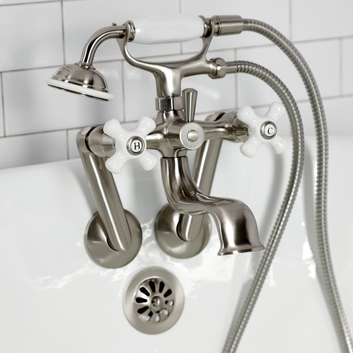 Kingston Heirloom KS229PXSN - Kingston Three-Handle 2-Hole Tub Wall Mount Clawfoot Tub Faucet with Hand Shower, Brushed Nickel