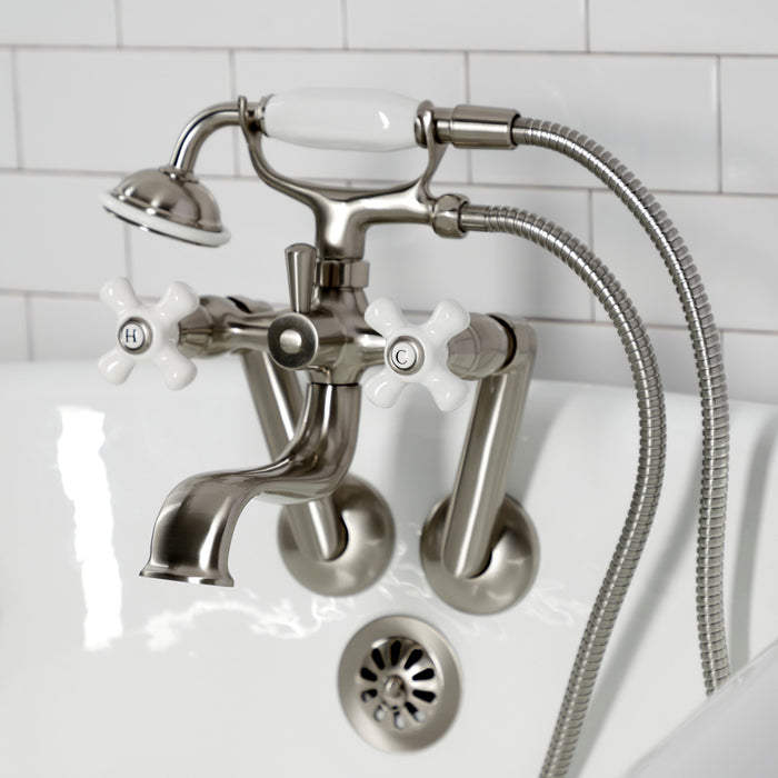 Kingston Heirloom KS229PXSN - Kingston Three-Handle 2-Hole Tub Wall Mount Clawfoot Tub Faucet with Hand Shower, Brushed Nickel