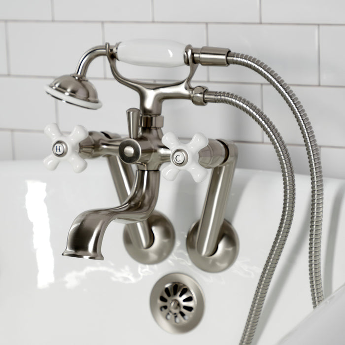 Kingston KS229PXSN Three-Handle 2-Hole Tub Wall Mount Clawfoot Tub Faucet with Hand Shower, Brushed Nickel