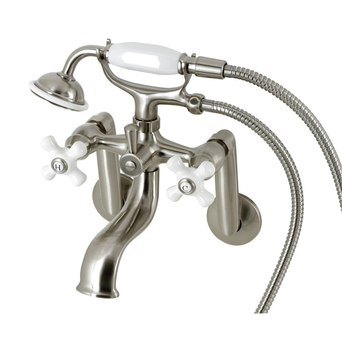 Kingston Heirloom KS229PXSN - Kingston Three-Handle 2-Hole Tub Wall Mount Clawfoot Tub Faucet with Hand Shower, Brushed Nickel
