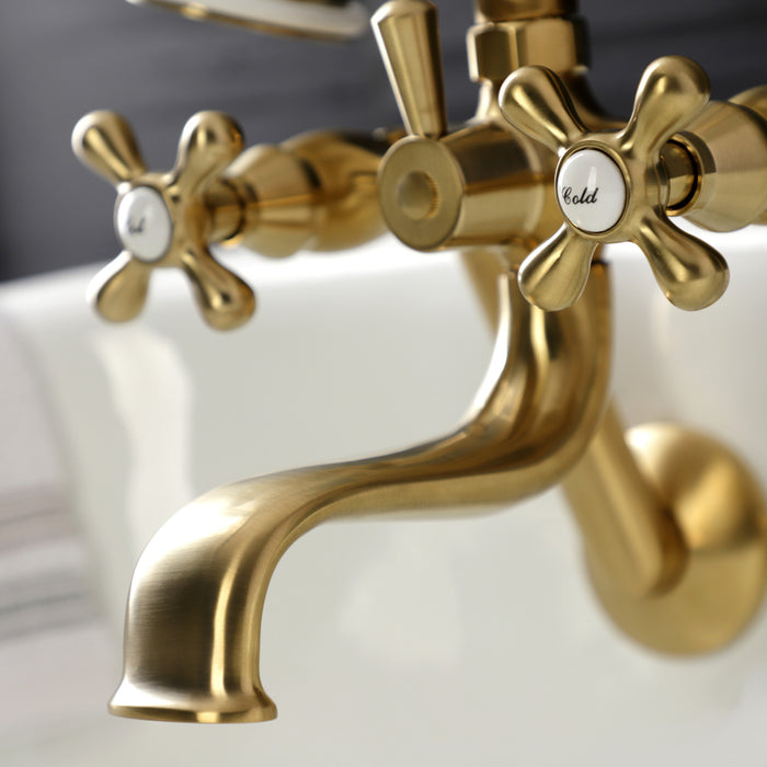 Kingston KS229SB Three-Handle 2-Hole Tub Wall Mount Clawfoot Tub Faucet with Handshower, Brushed Brass
