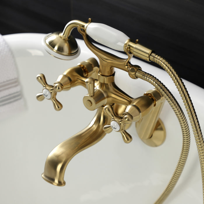 Kingston KS229SB Three-Handle 2-Hole Tub Wall Mount Clawfoot Tub Faucet with Handshower, Brushed Brass
