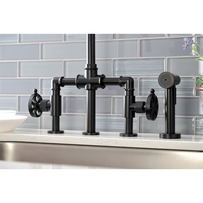Kingston Sona KS2330RX - Belknap Two-Handle 4-Hole Deck Mount Industrial Style Bridge Kitchen Faucet with Brass Sprayer, Matte Black