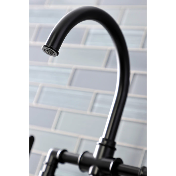 Kingston Sona KS2330RX - Belknap Two-Handle 4-Hole Deck Mount Industrial Style Bridge Kitchen Faucet with Brass Sprayer, Matte Black