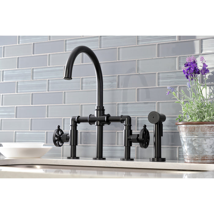 Kingston Sona KS2330RX - Belknap Two-Handle 4-Hole Deck Mount Industrial Style Bridge Kitchen Faucet with Brass Sprayer, Matte Black