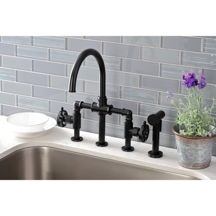 Kingston Sona KS2330RX - Belknap Two-Handle 4-Hole Deck Mount Industrial Style Bridge Kitchen Faucet with Brass Sprayer, Matte Black