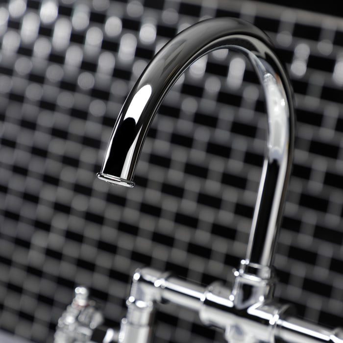 Kingston Sona KS2331CG - Fuller Two-Handle 4-Hole Deck Mount Industrial Style Bridge Kitchen Faucet with Brass Sprayer, Polished Chrome