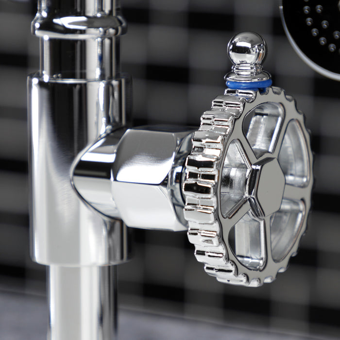 Kingston Sona KS2331CG - Fuller Two-Handle 4-Hole Deck Mount Industrial Style Bridge Kitchen Faucet with Brass Sprayer, Polished Chrome