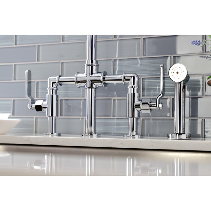 Whitaker KS2331KL Two-Handle 4-Hole Deck Mount Bridge Kitchen Faucet with Brass Sprayer, Polished Chrome