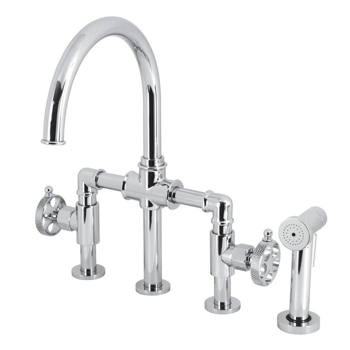 Webb KS2331RKX Two-Handle 4-Hole Deck Mount Bridge Kitchen Faucet with Knurled Handle and Brass Side Sprayer, Polished Chrome