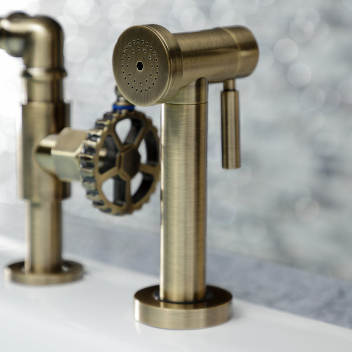 Fuller KS2333CG Two-Handle 4-Hole Deck Mount Bridge Kitchen Faucet with Brass Sprayer, Antique Brass